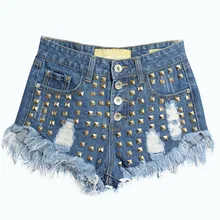 Fashion Women Summer Rivet Ripped Hole Denim Shorts Casual Fringe Tassel Hot Punk Rock Street Jeans