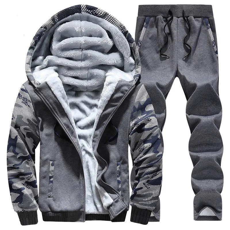 

OLOEY Winter Sport Suit Warm Velvet Casual Men Sportwear Sets Thickening Track Suits Hoodie Sweat Suit Tracksuit Set Plus Size