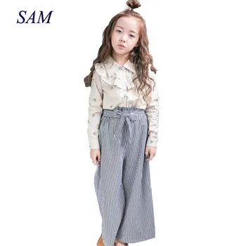 

2019 Children's clothing sets Girls Christmas tree print shirt + Striped wide-leg pants 2 pcs suit Kids Fashion lapel clothes