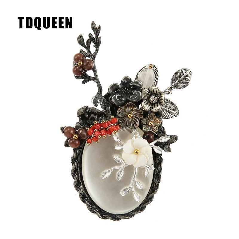

TDQUEEN Brooches White Natural Stone High Quality Broches Vintage Metal Pin Jewelry Pearl Shell Flower Brooch for Women