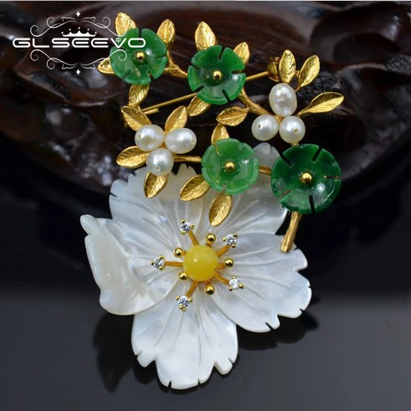 GLSEEVO Natural Mother Of Pearl Flower Brooch Pins Beeswax Aventurine Brooches For Women Dual Use Designer Jewelry Luxury GO0238 GLSEEVO Natural Mother Of Pearl Flower Brooch Pins Beeswax Aventurine Brooches For Women Dual Use Designer Jewelry Luxury GO0238