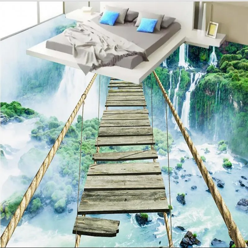 

beibehang Custom large mural landscape waterfall adventure rope wooden bridge 3D floor thickening wear pvc plastic film