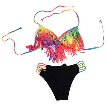 

Alluring Halter Tassels Embellished Bikini Set For Women-S