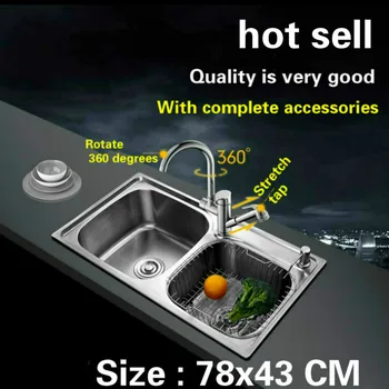 Cheap Free Shipping 304 Stainless Steel Double Groove Kitchen Sink Wiredrawing Xiancai Basins 78x43 CM