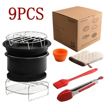 

kitchen Cooking Tool Sets Air Frying Pan Accessories 9pcs Fryer Baking Basket Pizza Plate Grill Pot Mat Cooking Tool Sets #4M03