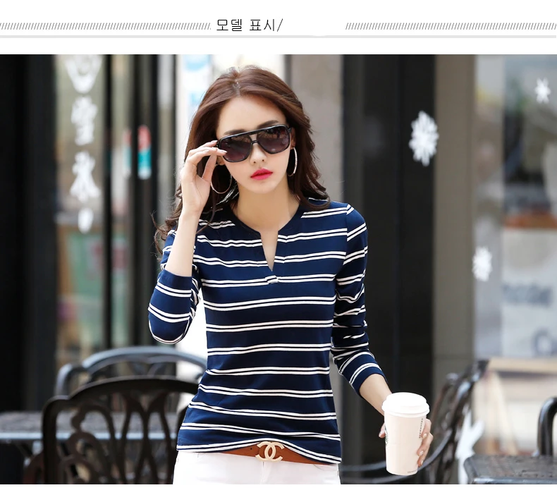 Осенняя Хлопковая женская футболка Femme, тонкая корейская модная полосатая футболка с v-образным вырезом, Женская Повседневная футболка с длинным рукавом, топы