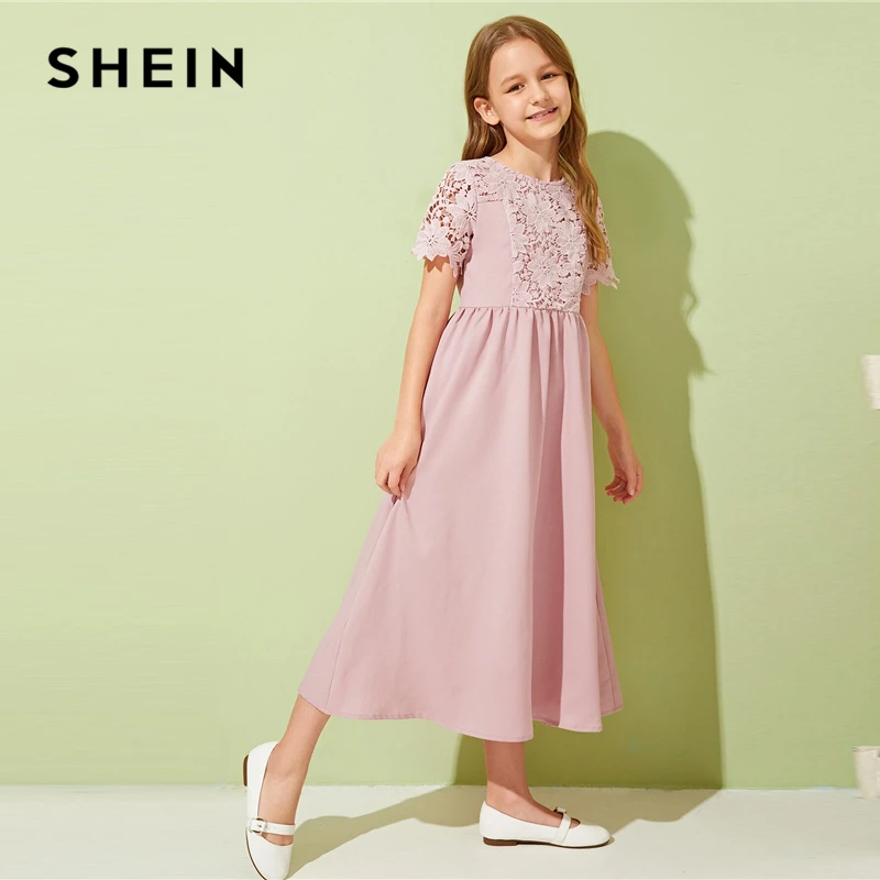 SHEIN Kiddie розовый гипюр кружева аппликация девушки милое платье Лето короткий рукав Высокая талия длинные расклешенные платья для подростков