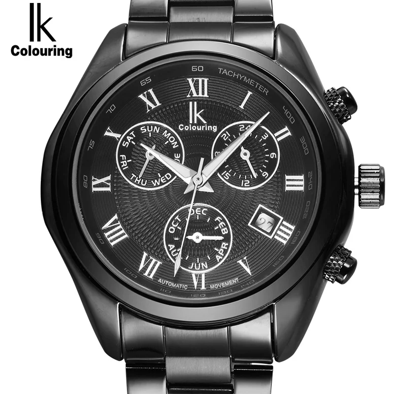 

IK Roman Number Scale Automatic SelfWind Multifunction Sub Dial Hours Week Month Luminous Calender Hollow Back Steel Men Watch