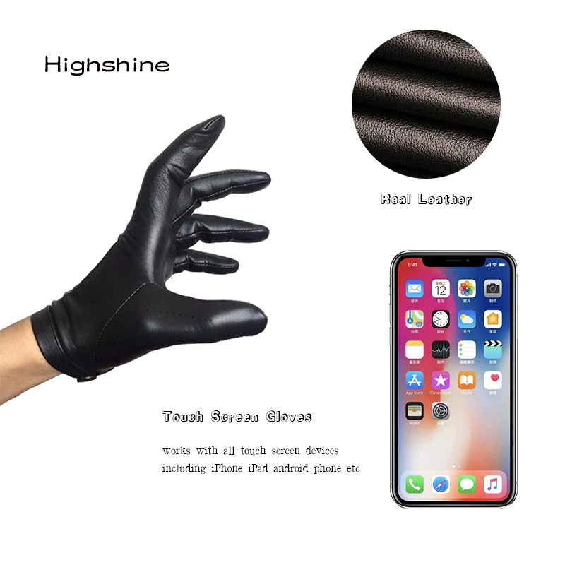 

highshine unlined wrist button one whole piece of sheep leather touch screen winter gloves for men black and brown
