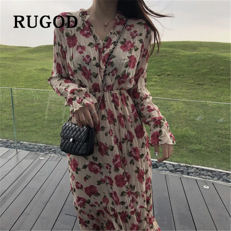 

RUGOD Ins Fashion floral printed women long dress Korean flare sleeve summer beach party dresses vestido 2019 Eelgant boho dress