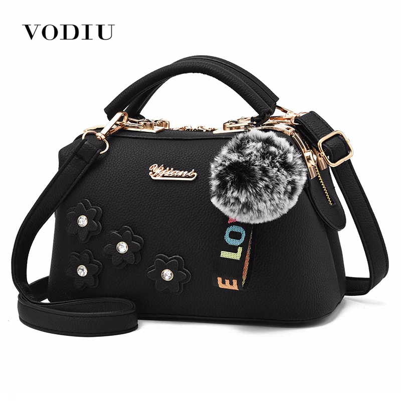 

Women Handbags Women's Shoulder Bag Leather Bag Crossbody Handbag Flower Hair Ball Pendant Boston Rivets Women Bags High Quality