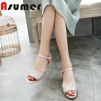 

ASUMER 2019 new arrive fashion women sandals peep toe low heel buckle shoes comfort prom dance party women shoes size big 33-43