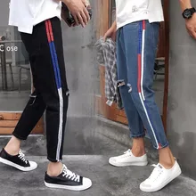 Для мужчин переплетения принести украшения рваные джинсовые Повседневные штаны для мужчин STRETCH SLIM в узкие байкерские Джинсы для женщин синий/черный модные штаны 2XL