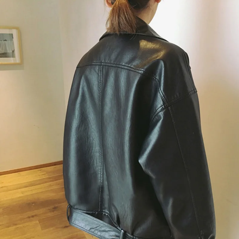 Женское кожаное пальто на молнии с широкой талией и отложным воротником|jacket