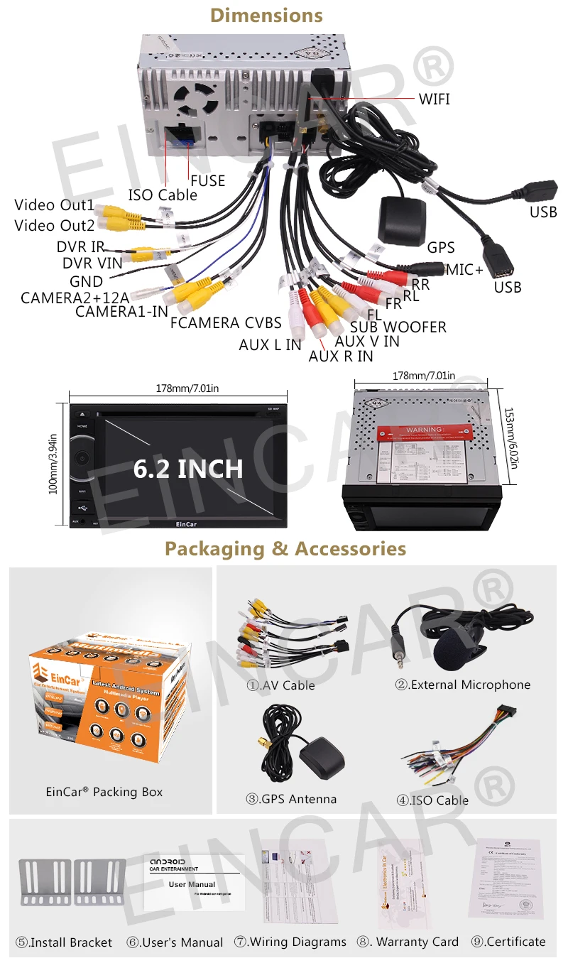 Perfect Android 5.1 Octa Core 6.2" Double 2 DIN Car Radio Stereo DVD GPS Touch HD 3G CAM 8