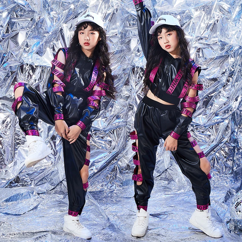 

2019 Modern Children'S Jazz Dance Costume Girls Hip Hop Black Pu Leather Kids Street Dancing Performance Tide 2 Pcs Set DWY1452