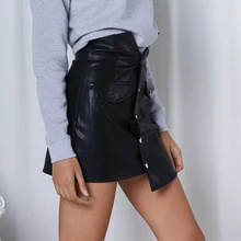 Асимметричная юбка из искусственной кожи, высокая талия, сексуальные короткие юбки, необычные мини обтягивающие повседневные зимние женские черные юбки на пуговицах