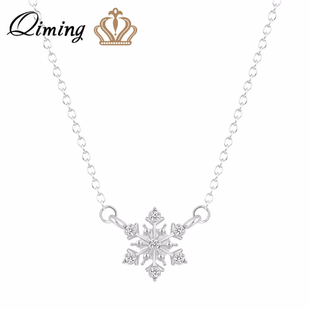 

QIMING Pure Snowflake Crystal Necklace For Women Ladies Silver Gold Jewelry Winter Christmas Gift Statement Chain Necklaces
