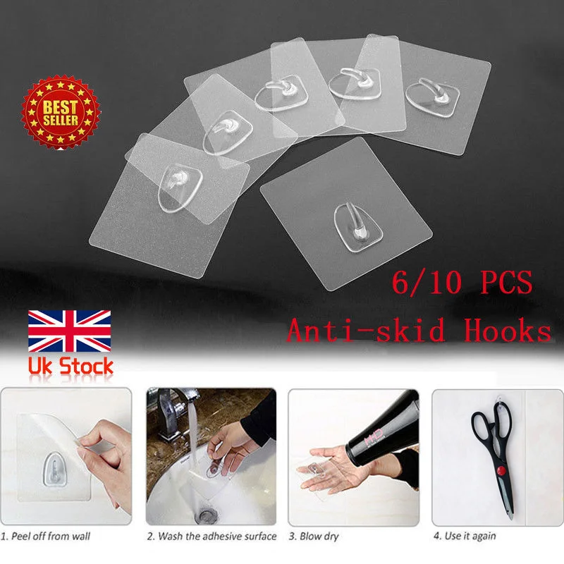 

1/6/10pcs Anti Skid Hooks for Home Storage Organizer 6*6 Reusable Anti-skid Traceless Hooks Kitchen Hanger Home Organization