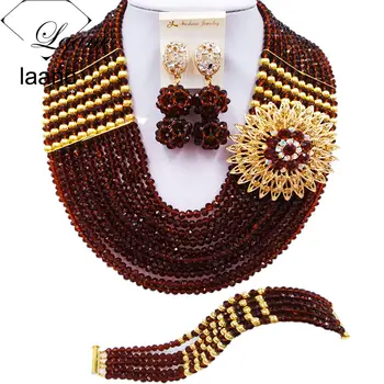 

Laanc 10 Rows African Beads Jewelry Set Brown Crystal Nigerian Wedding Necklace and Earrings Bracelet C22P019