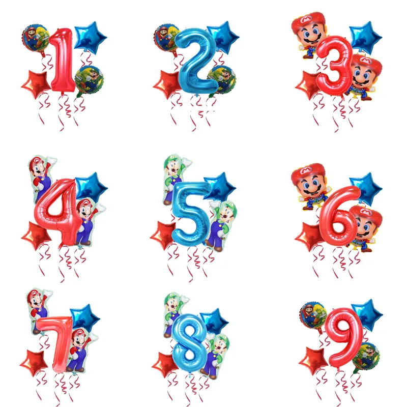 

5pcs/ lot Super Mario Balloons Boy Girl Birthday Party Mario Luigi Bros Mylar Blue Red Balloon Set Decor Decoration kids globos