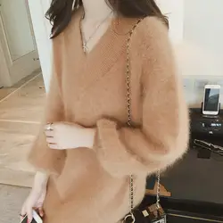 Женская Мода 2017 Зима v-образный вырез длинный рукав однотонный пуловер теплый вязаный Повседневный свитер HM0001