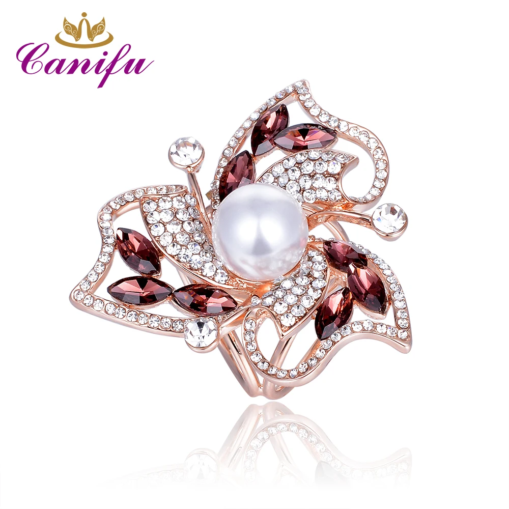 

Canifu New arrival Rose Gold Color Flower shape Scarf Clip With AAA CZ Imitation Pearl Cute brooches pin gifts for women