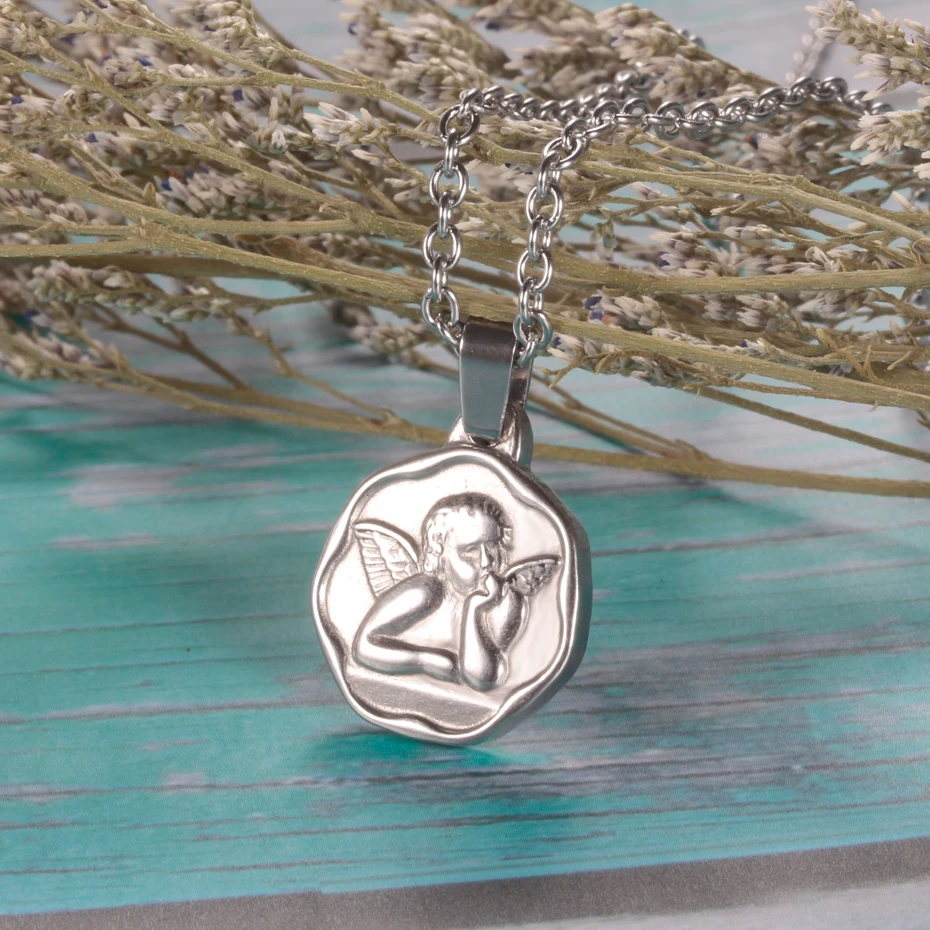 

GSJ Necklace Trendy silver Color angel thinking Stainless Steel Pendants&Necklaces Holy prayer for women Never fade jewelry