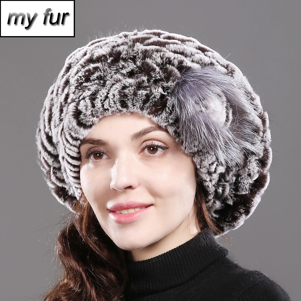 Женская мода вязанная Настоящий мех кролика шапка натуральный настоящий мех кролика шапки женские повседневные теплые настоящие шапки из меха кролика рекс