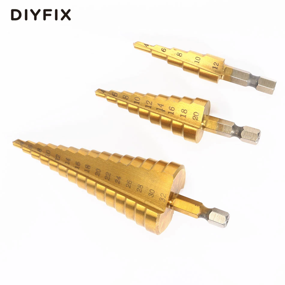 

DIYFIX 3pcs Hex Hss Step Drill Bits 4-12mm 4-20mm 4-32mm Step Cone Cutting Tools Steel Woodworking Wood Drilling Set with Pouch