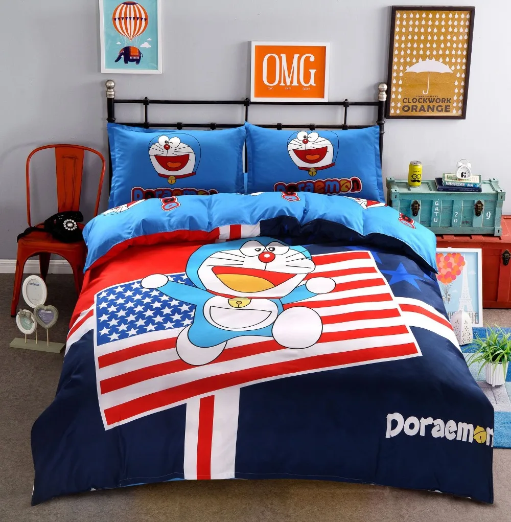 

Doraemon theme 4pcs Queen king size Children cartoon Household Cotton Bedding sets twin Duvet cover Quilt Bed sheet Pillowcase