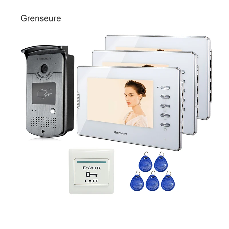 

FREE SHIPPING NEW 7 inch Color Video Intercom Home Door Phone System 3 White Monitor + 1 RFID Reader Outdoor Camera Whole sale