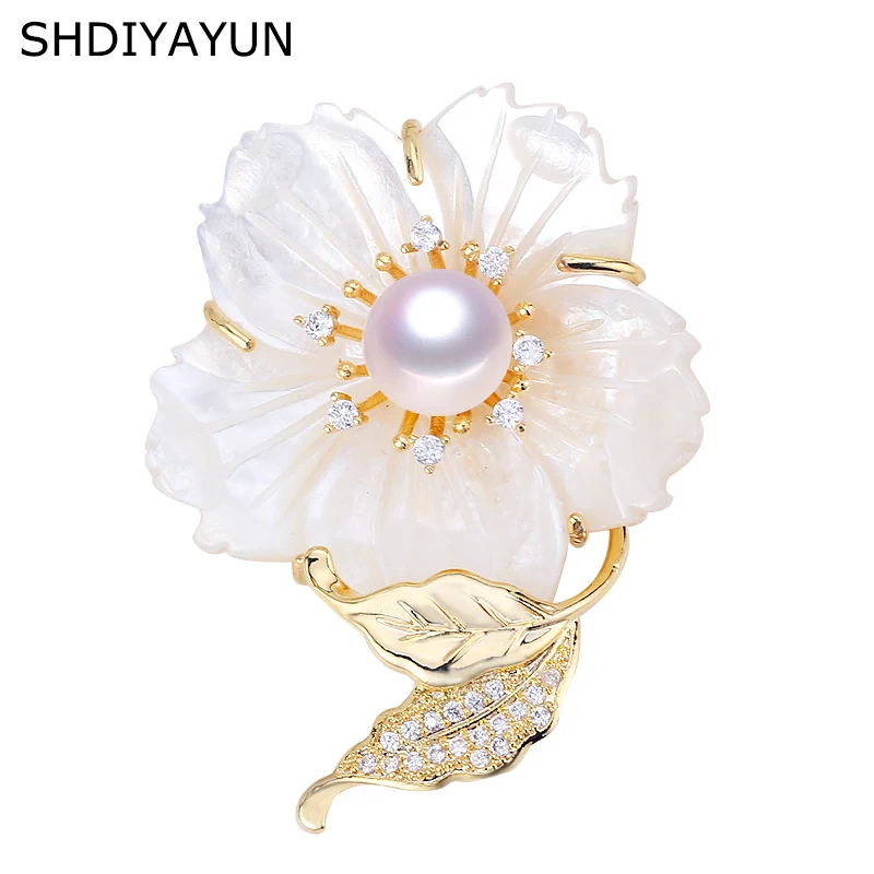 

SHDIYAYUN 2019 Pearl Brooch For Women Natural Seashell Flower Brooches Pins Natural Freshwater Pearl Fine Jewelry