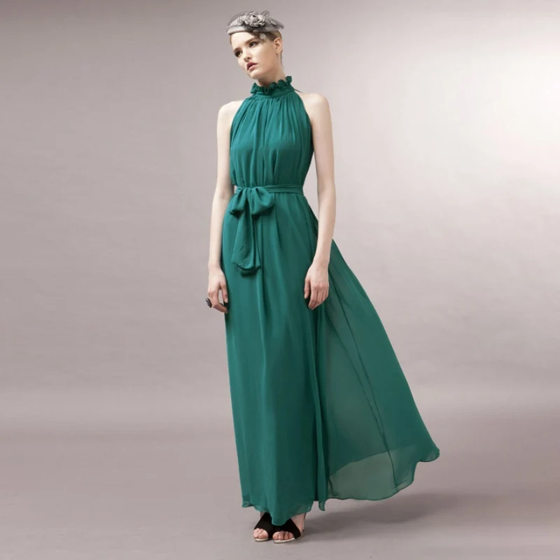 

New Chiffon Long Dress Green Navy Blue Sleeveless 2018 Spring Summer Vestidos Party Maxi Robes Gowns Plus Size