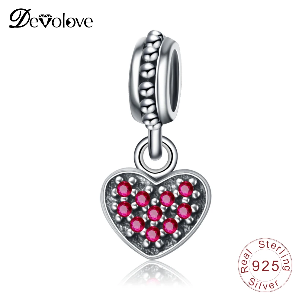 Devolove 925 пробы Серебряное сердце с красный бисер CZ подходят оригинальный Pandora