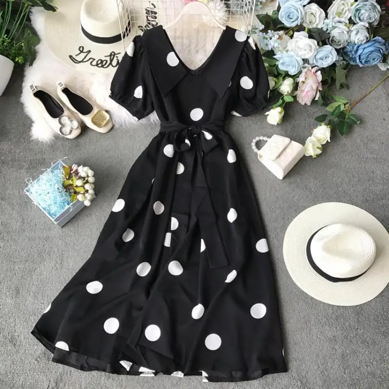 

French Vintage Black Wave Point Dresses 2019 Summer New Womens V-Neck Bandage Bodycom Slim Dress Females Fashion Tide Dresses