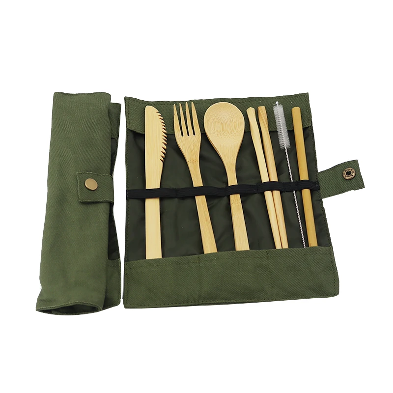 Reusable Travel Bamboo Utensils Wooden Cutlery Set With Pouch Camping