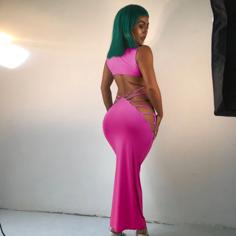 

Wholesale Cheap 2019 Summer Women Dress Vintage Neon Backless Tight Sexy Nightclub Party Dress Hollow Out Kawaii Long Maxi Dress