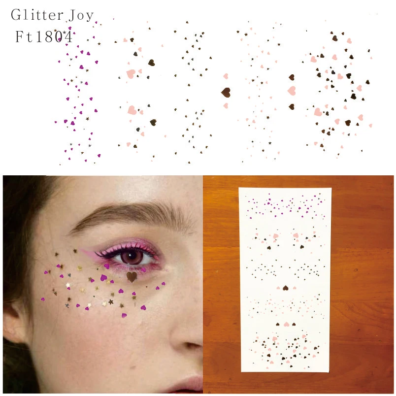 

FT1804 Pink, Purple Metallic Scattered Heart Shape Glitter Freckles Makeup Tattoo Sticker for Body Decor