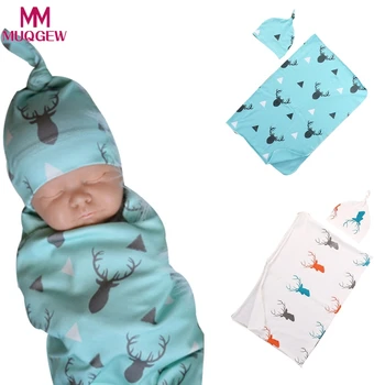 

2pcs/set Baby Blankets with Hat Newborn Baby Soft Warm Deer Printed Blue Swaddle Wrap Sleeping Blanket Infant Bathing Towel