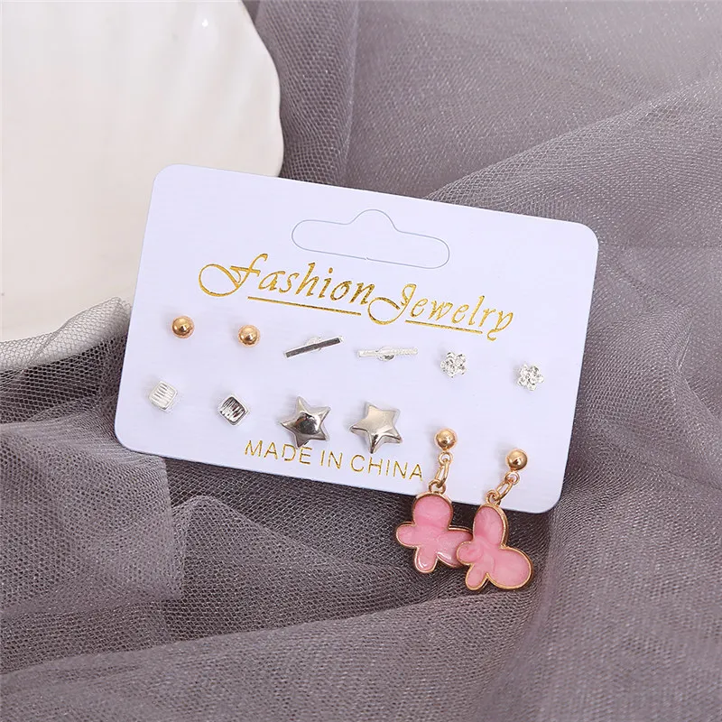 

2019 New Fashion Earrings Set for Women Stars Pink Butterfly Crystal Geometric Cute Stud Earrings 6 Pairs/set Jewelry Gifts