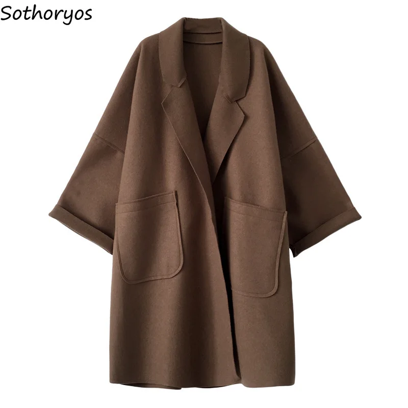 

Blends for Women Solid Pockets Long Turn-down Collar All-match Coats Womens Korean Style Plus Size Elegant Trendy Ladies Blend