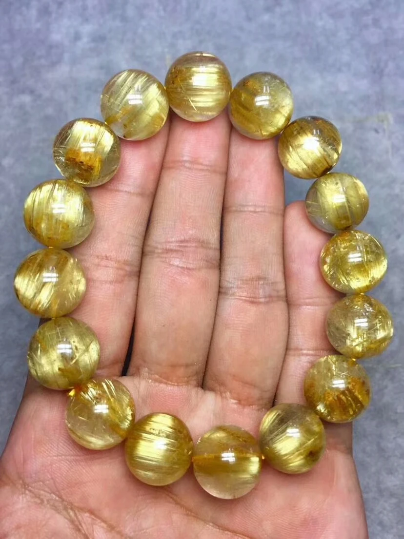 Genuine Brazil Natural Gold Rutilated Titanium Quartz Bracelet For Women Men Crystal Stretch 14mm Round Bead Certificate AAAAA (2)