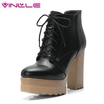 

VINLLE 2020 Women Ankle Boots Square High Heel Fashion Women Shoes Winter Boots Synthetic Casual Women Boots Big Size 34-42