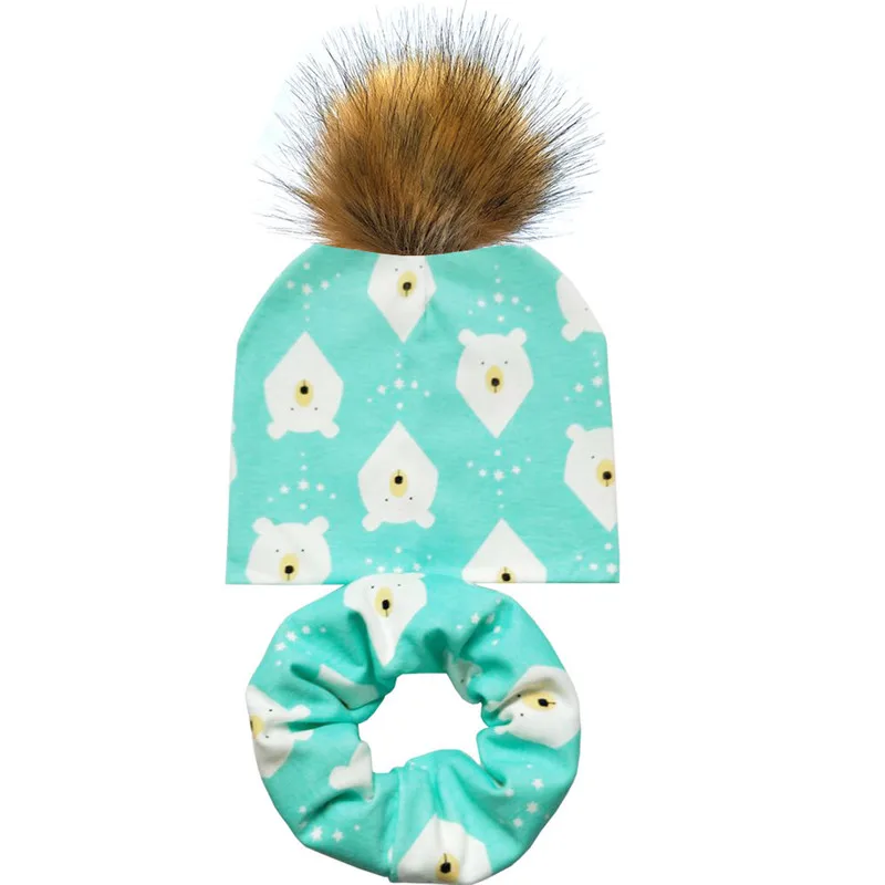 Новая весенне-Осенняя шапка с помпонами, хлопковая детская шапка для девочек и мальчиков, набор из шапки и шарфа, детская шапка, вязаные крючком детские шапочки - Цвет: green bear
