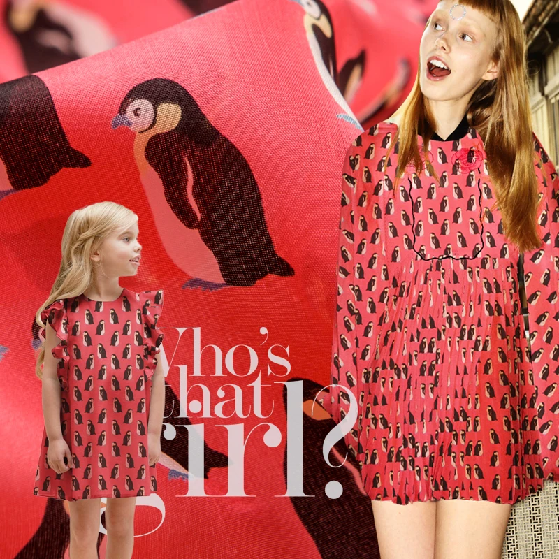 

Printed Silk Habotai Fabric,Watermelon Red Color,Cute Cartoon Penguin Prints,soft,Sewing for Child,Dress,shirt,craft by the Yard