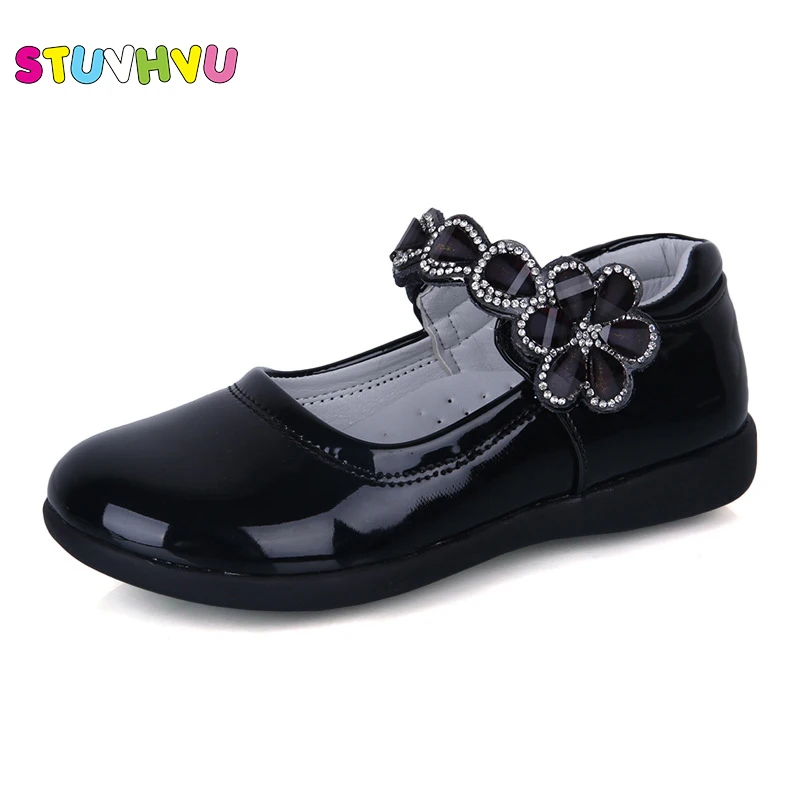 Zapatos de charol de talla 26-37 para niño niña, calzado de princesa con flores y diamantes de imitación, fondo plano suave, negro/rojo/rosa, primavera y otoño