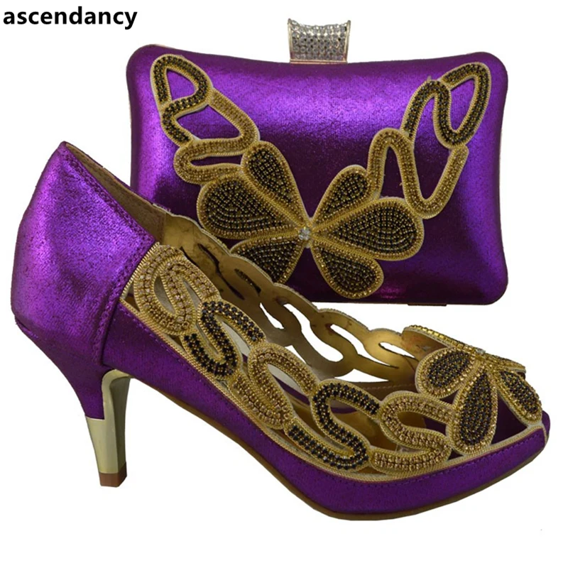 Et Italiennes Chaussures Pourpre Assortis Décoré Pompes Femmes Nouvelle Sac Parties Italian Avec Sacs Arrivée Strass Les Fixe TEaqS6W