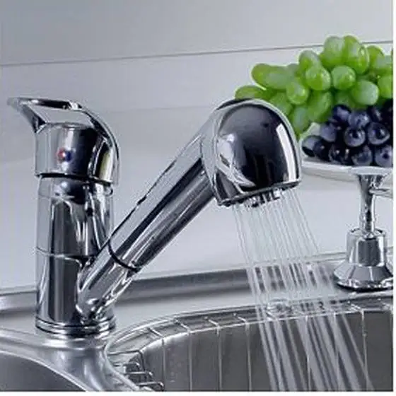 

FUNN-Single Handle Low Arc Pull Out Kitchen Sink Faucet with Two Spray Model, Chrome