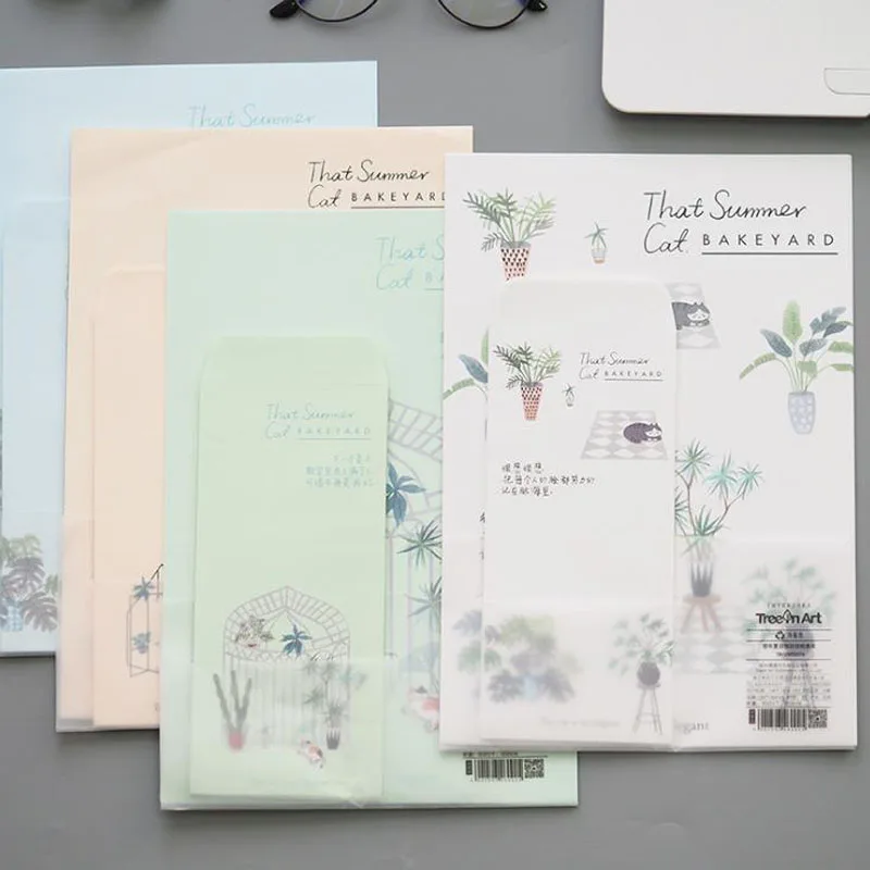 

9 Pcs/pack Lovely 3 Envelopes+ 6 Letters Colorful Summer Cat Plant Printed Paper Envelope Letters Set Students Stationery Gifts